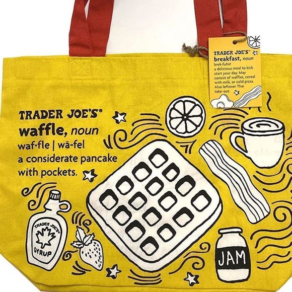 New Trader Joe’s waffle Yellow Tote Bag whimsical fun love never used - Picture 3 of 8